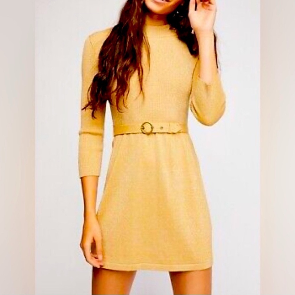 NWOT Free People Gold Ribbed Belted Mini Dress - Picture 14 of 15